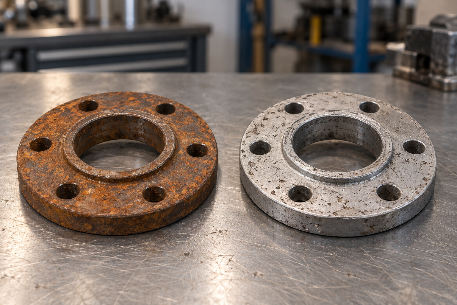Illustrative before and after comparison of a rusty and cleaned steel flange