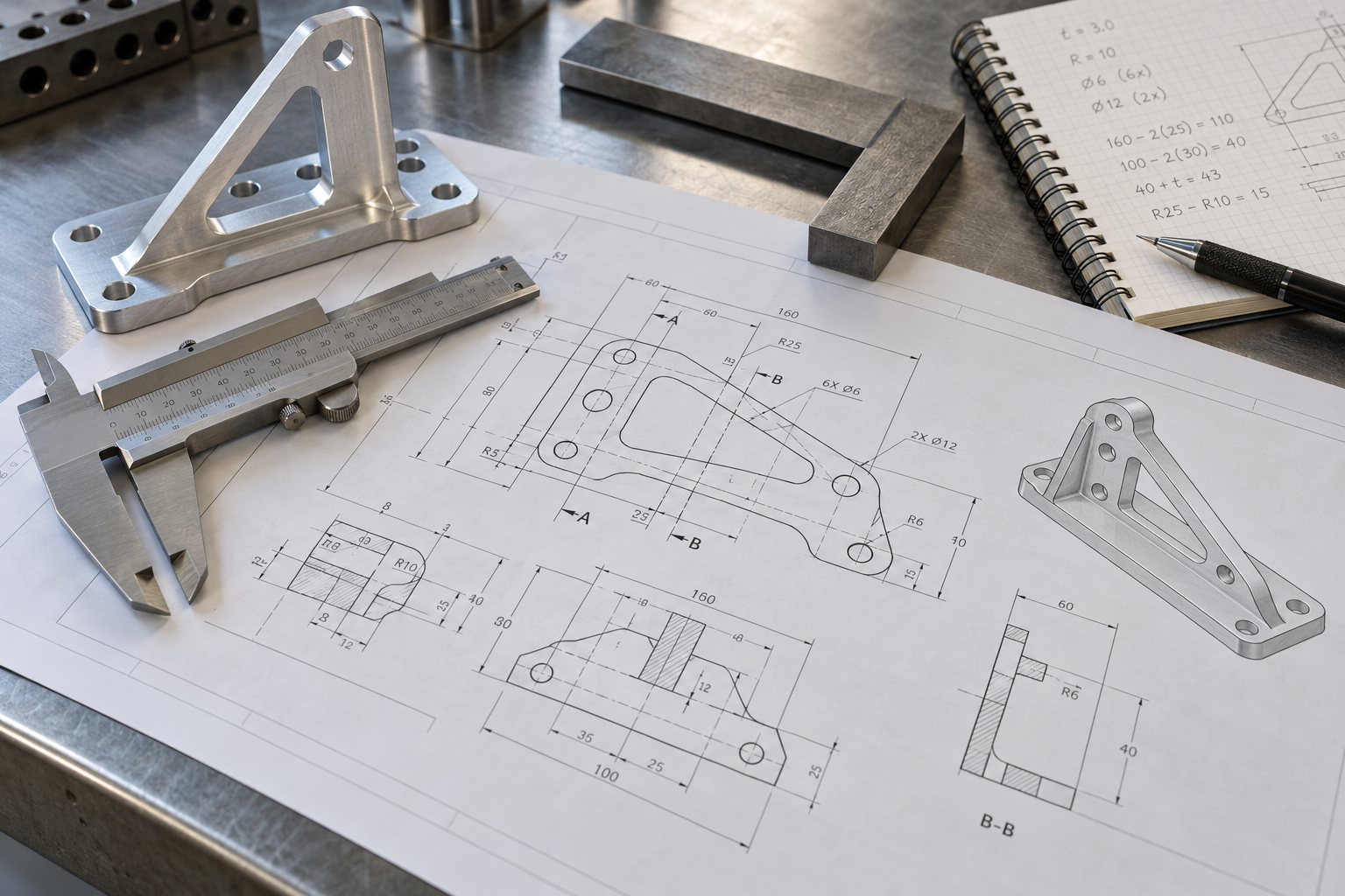 Illustration of a finished metal bracket resting on an engineering drawing beside precision measuring tools