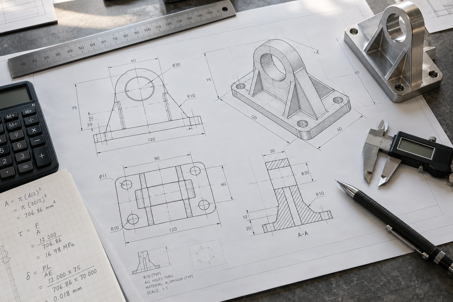 Illustrative engineering drawings with precision measuring tools and calculations