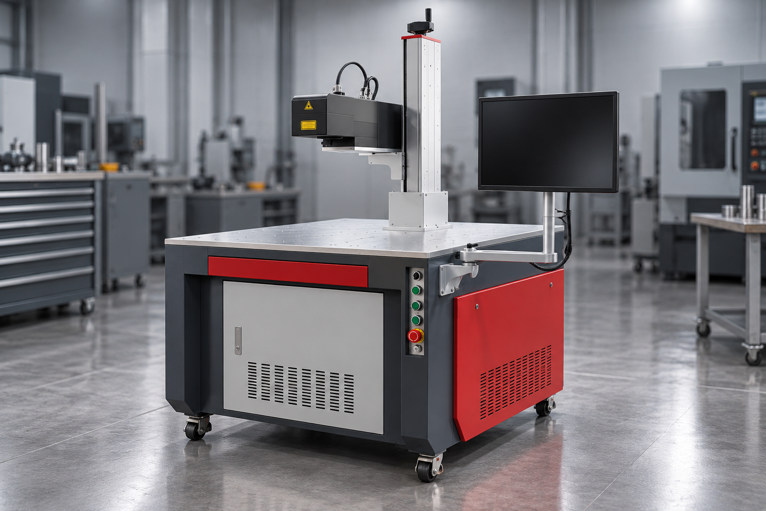 Floor-standing fiber laser marking workstation with a broad worktable and red side cover
