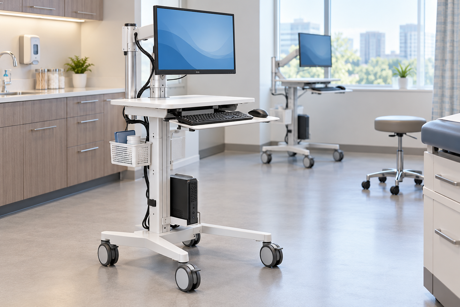 Illustration of a medical computer workstation cart with monitor, keyboard tray and caster wheels