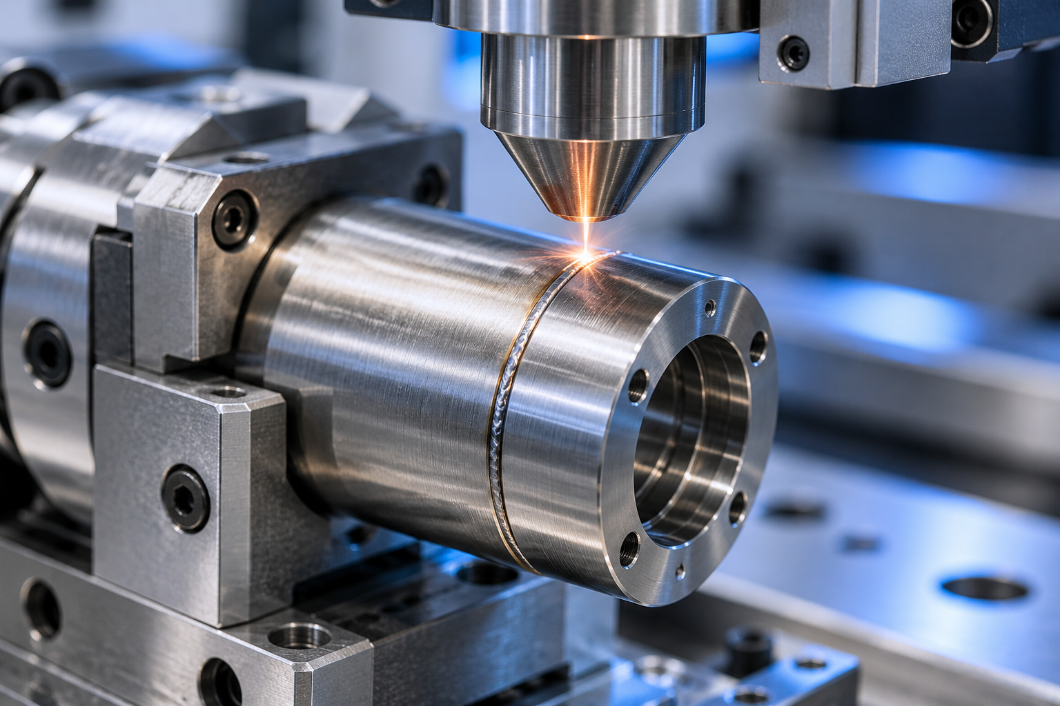 Illustration of localized laser welding on a small cylindrical stainless steel equipment component