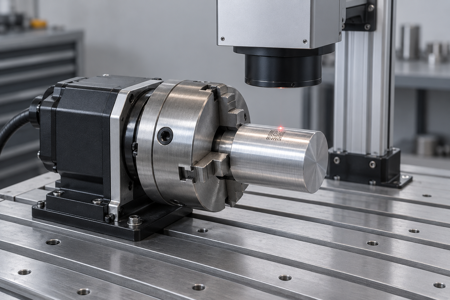 Rotary chuck holding a cylindrical aluminum part beneath a fiber laser marking head